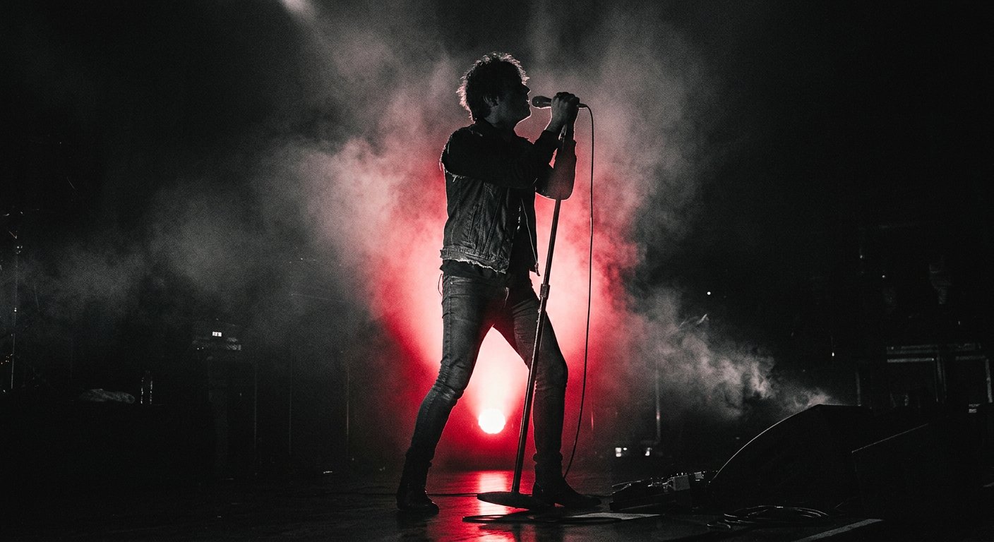 Vocalista en directo bajo un foco rojo